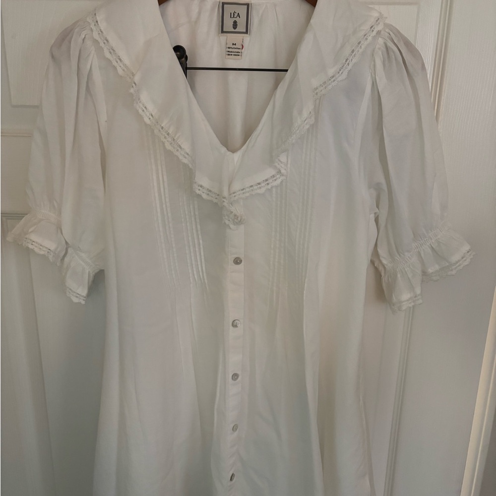White Ruffle-Trim Button Front Tunic - Picture 2 of 3